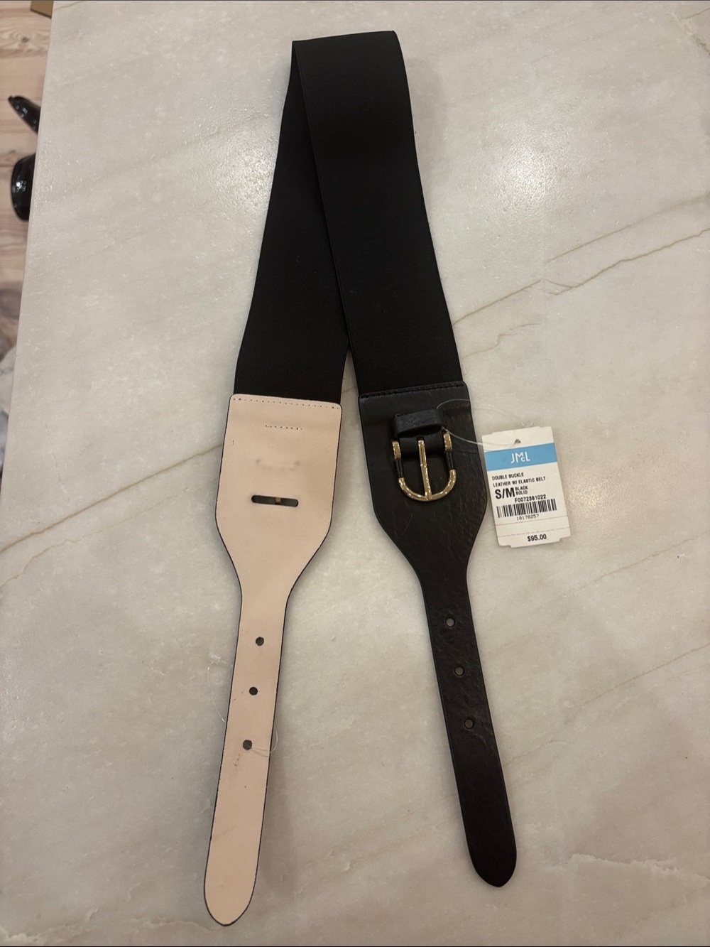 Wide Elastic Waist Belt with Gold Buckle - Black and Beige